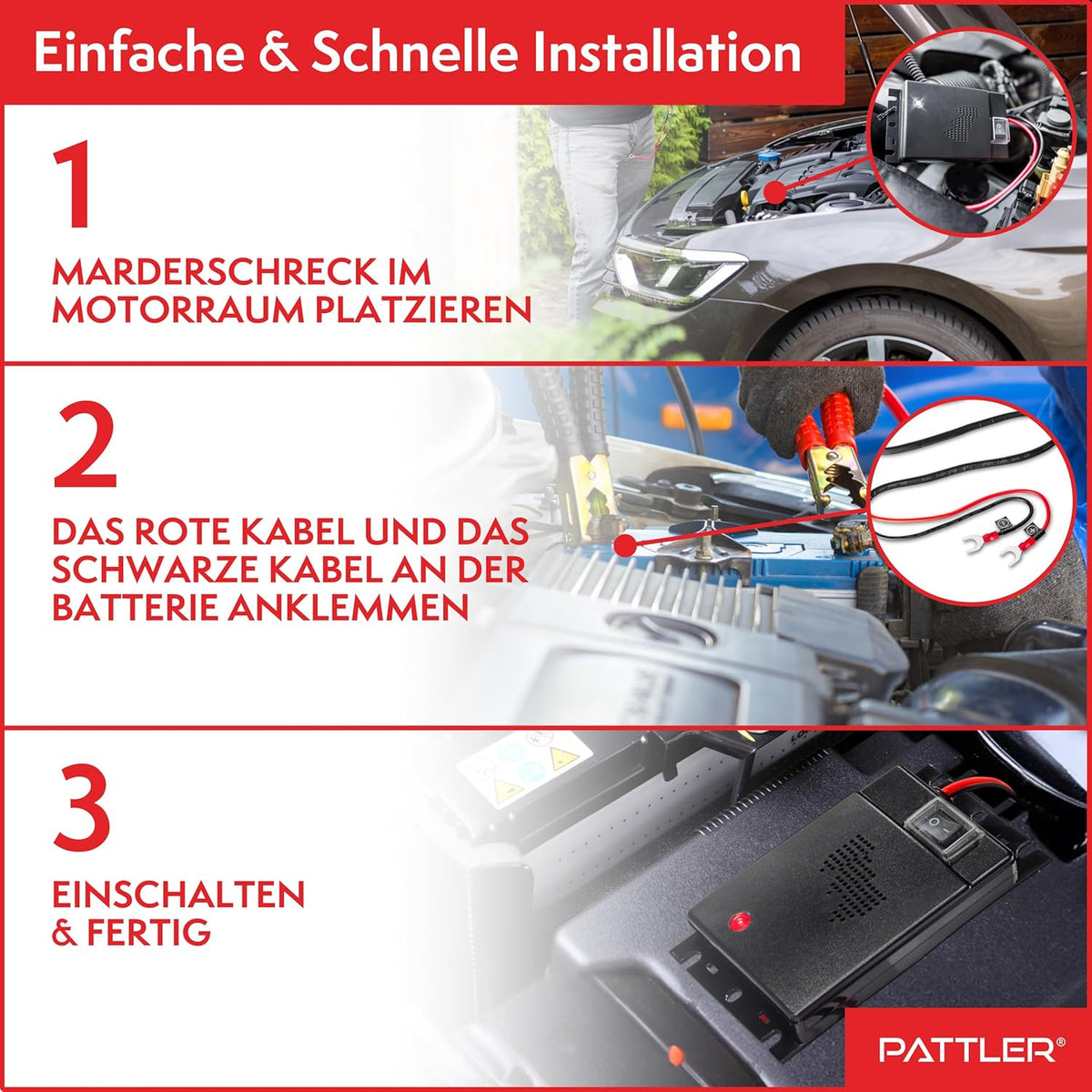PATTLER® Marten Repellent for Car Engines - Ultrasonic Marten Repeller Under Hood for Immediate and Long-Term Protection Against Martens. Marten Deterrent for Cars Powered by 12V Car Battery - 1 Unit