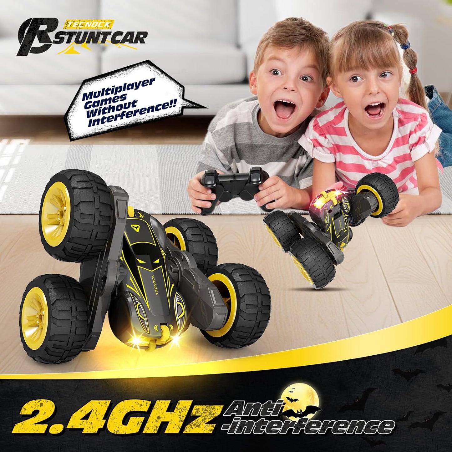 Tecnock Remote Control Car for Kids, 2.4GHz RC Cars with USB-C Easy Charging, 4WD Double Sided 360° Rotates and Flips RC Stunt Car, Toys Gift for Boys and Girls