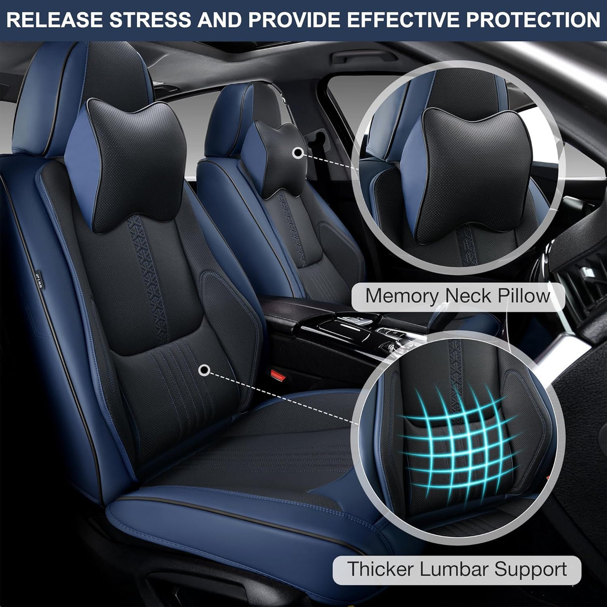 Front Seat Covers, 2 Pieces Universal Seat Covers for Cars, Waterproof Leather Auto Seat Protectors with Head Pillow, Car Seat Cushions Fit for Most Sedans SUV Pick-up Truck, Black&Navy