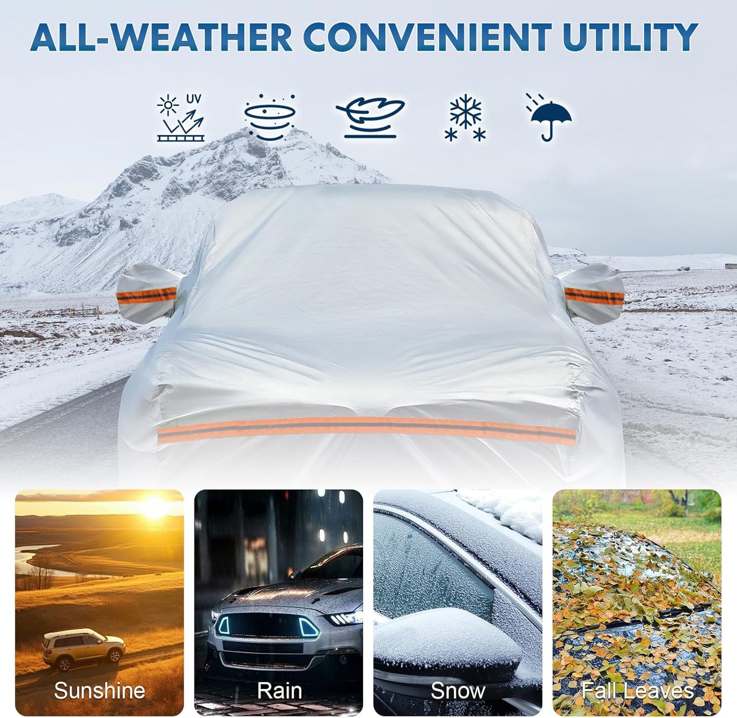 KEYOOG 6-Layer Full Car Cover is All-Weather Waterproof, Universal in All Seasons, Snow Prevention Rainproof, Acid Rainproof, Sunscreen, Ultraviolet-Proof, Fit MPV 199"-210" Orange Reflective Strip