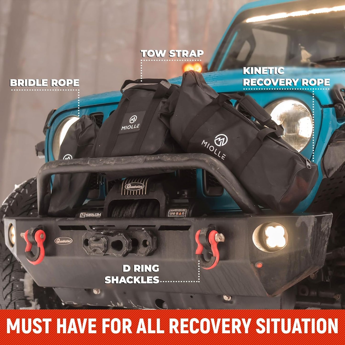 MiolleGear Kinetic Recovery Rope kit (3/4" x20', 6400lbs WLL) Heavy Duty Tow Rope - Includes 2 Soft Shackle for UTV, ATV, Truck, Car, Jeep, Tractor