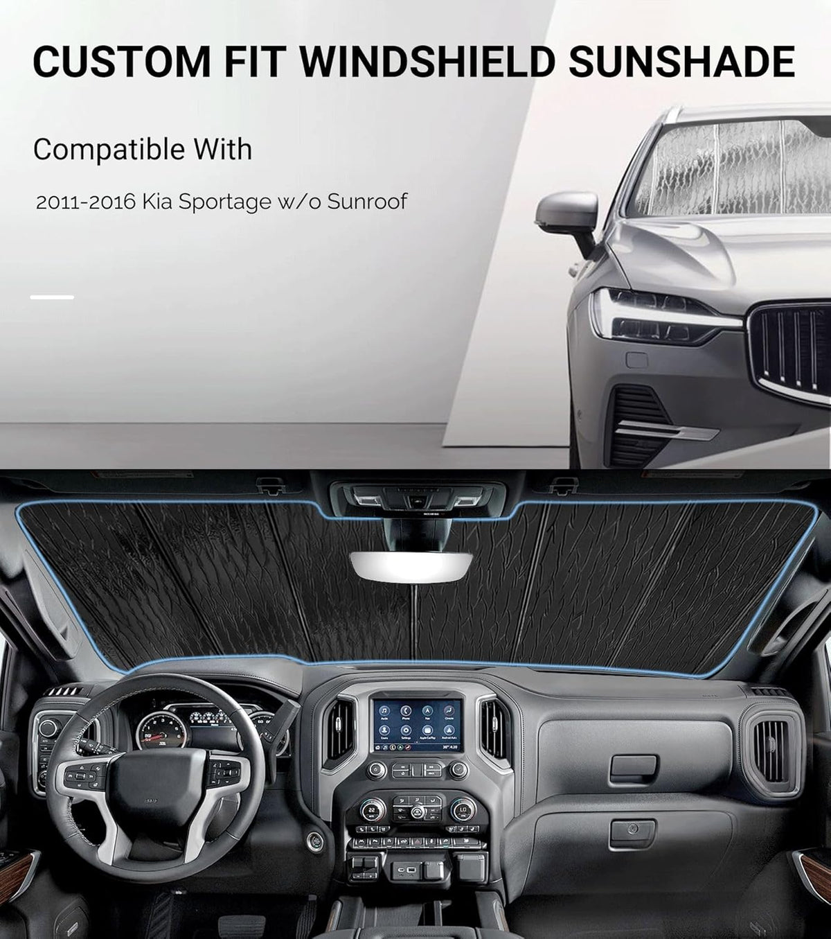 Windshield Sun Shade for Kia Sportage 2011-2016,Front Window Sunshade Shield, 2-in-1 Reflective Sun Shade,Silver for Summer, Black for Winter