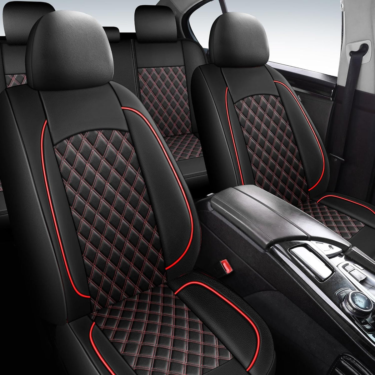 Car Seat Covers Full Set,Breathable and Waterproof Napa Leather Car Seat Cover,Interior Universal Fit for Cars,Sedans,SUVs,Vans,Trucks(Full Seat,Black+Red,N3)