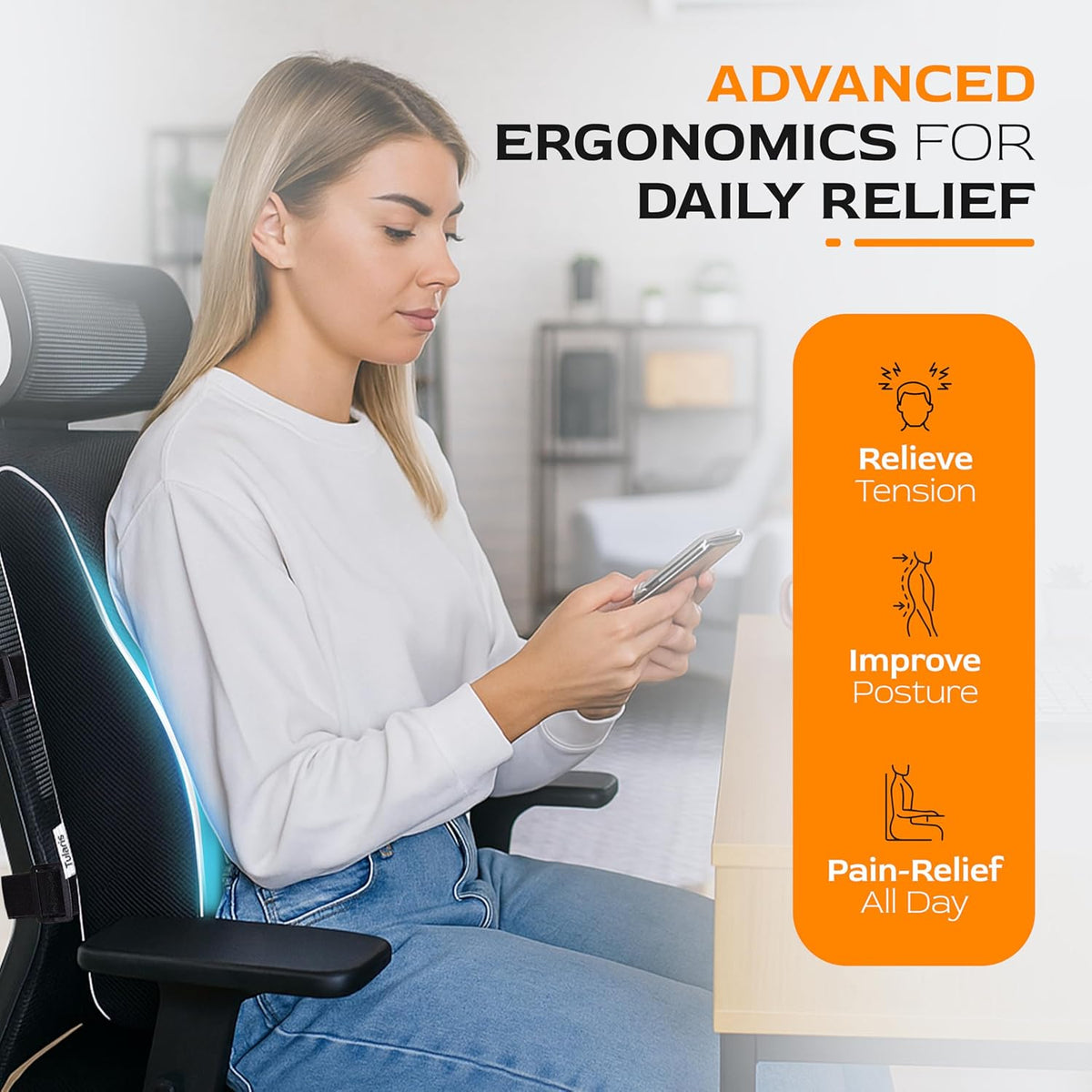 Extra Dense Lumbar Pillow with Double Adjustable Straps - Ergonomic Lumbar Support Pillow for Office Chair, Car, Couch Firm Back Support for Lower Back & Spine Pain Relief Memory Foam Cushion