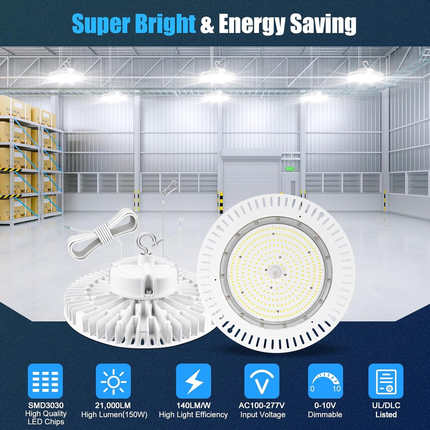 150W LED High Bay Light, AC100-277V 21,000LM 0-10V Dimmable (Equiv. to 650W HID/HPS) UL Listed IP65 Waterproof 5000K UFO LED Shop Lights for Warehouse Factory Gym Area Light