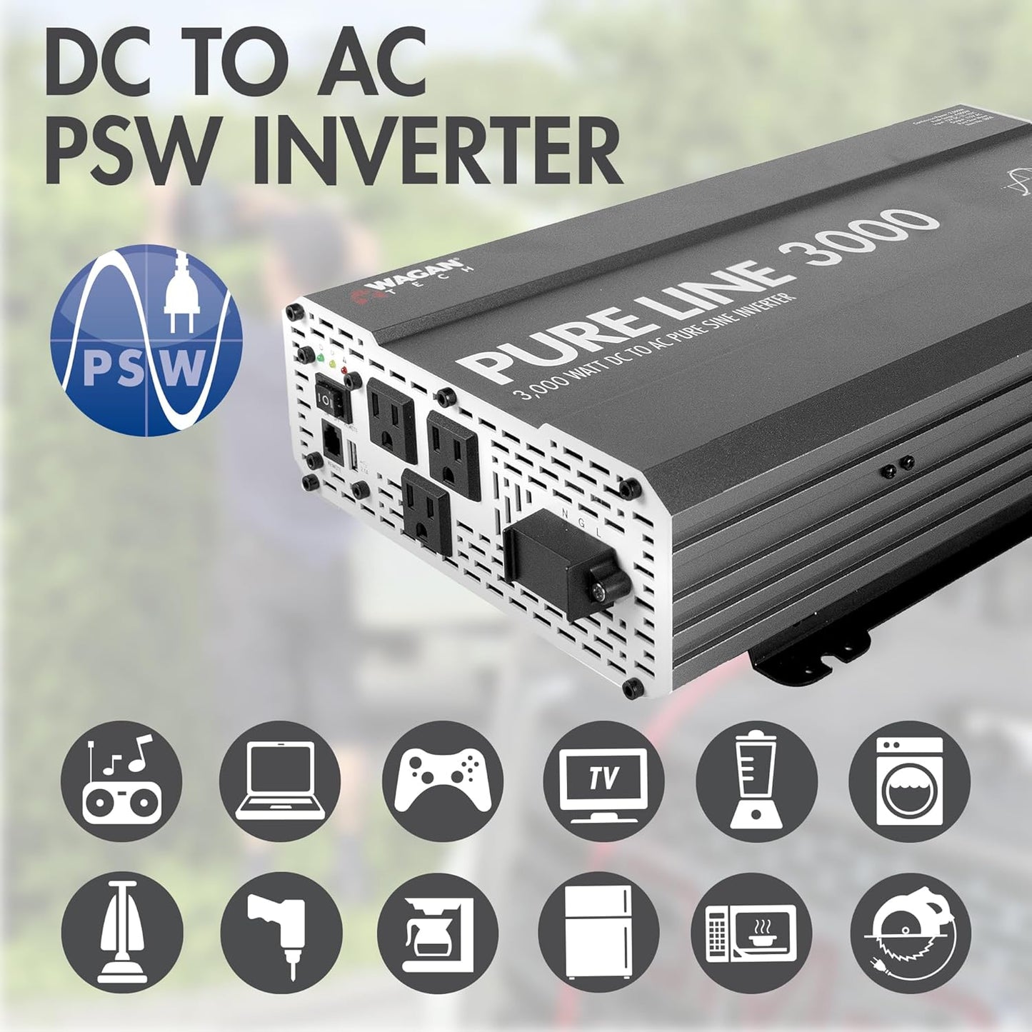 Wagan EL3810 Pure Line 3000 watt Power Inverter 6000 Watt Peak Surge Power DC 12V to 110V AC Car Inverter ETL Certified
