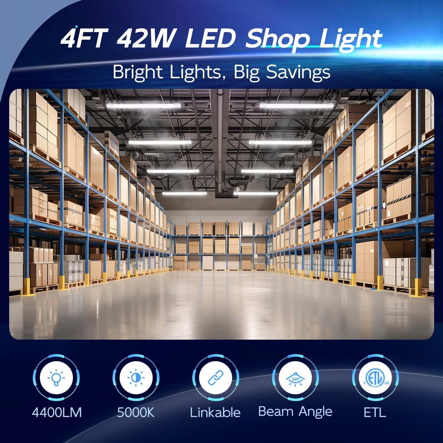 hykolity 10 Pack 4FT Linkable LED Utility Light Fixture, 4400lm, 42W, 5000K Daylight for Workshop, Garage, Hanging or Surface Mount, with Power Cord, ETL