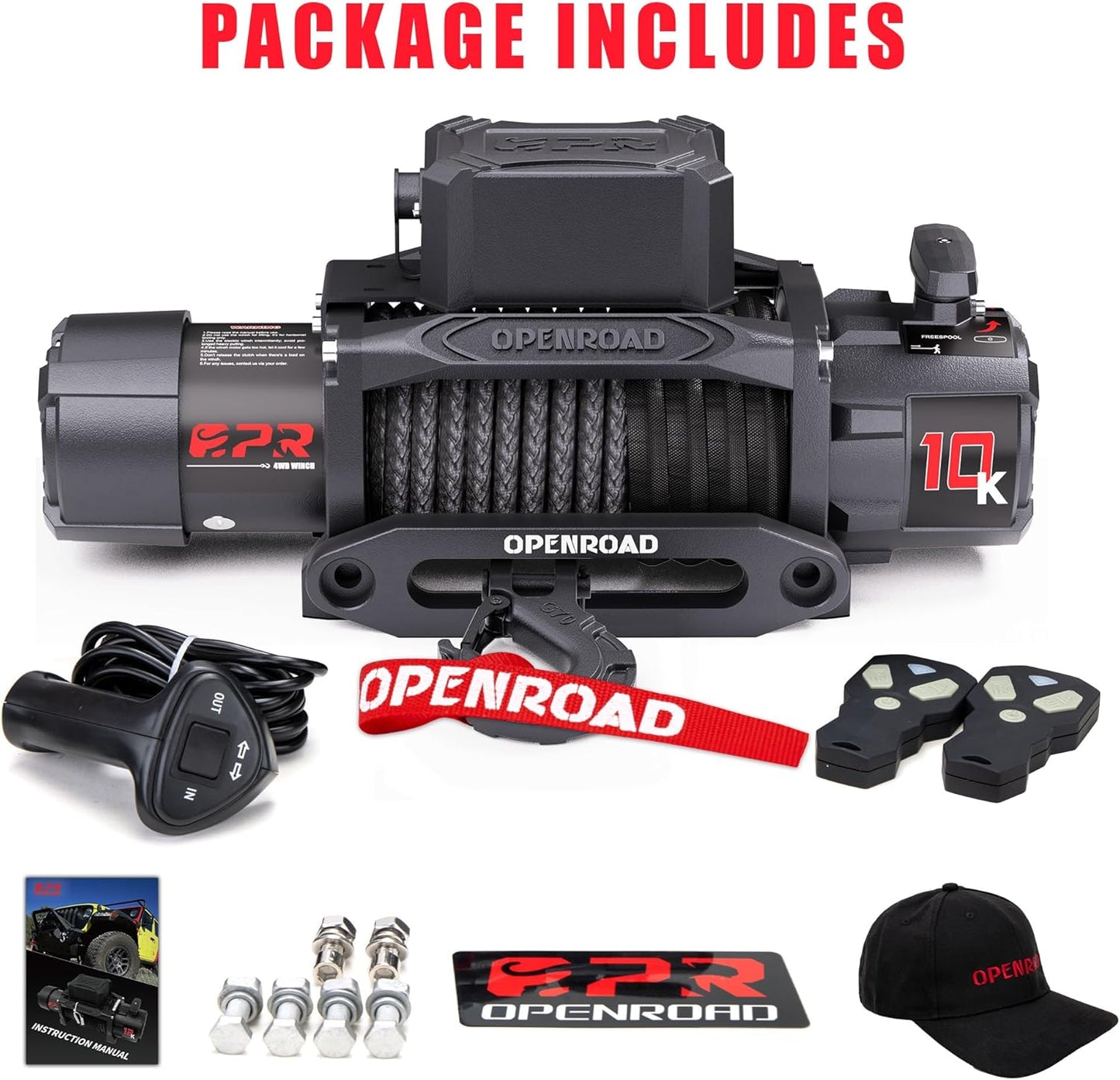 OPENROAD 10000 lb. Waterproof IP68 Electric Winch, 12V Electric Truck Winch Synthetic Rope Kit, with 2 Wireless Handheld Remotes and Wired Handle 4WD Recovery Winch(10000lbs Synthetic Rope)