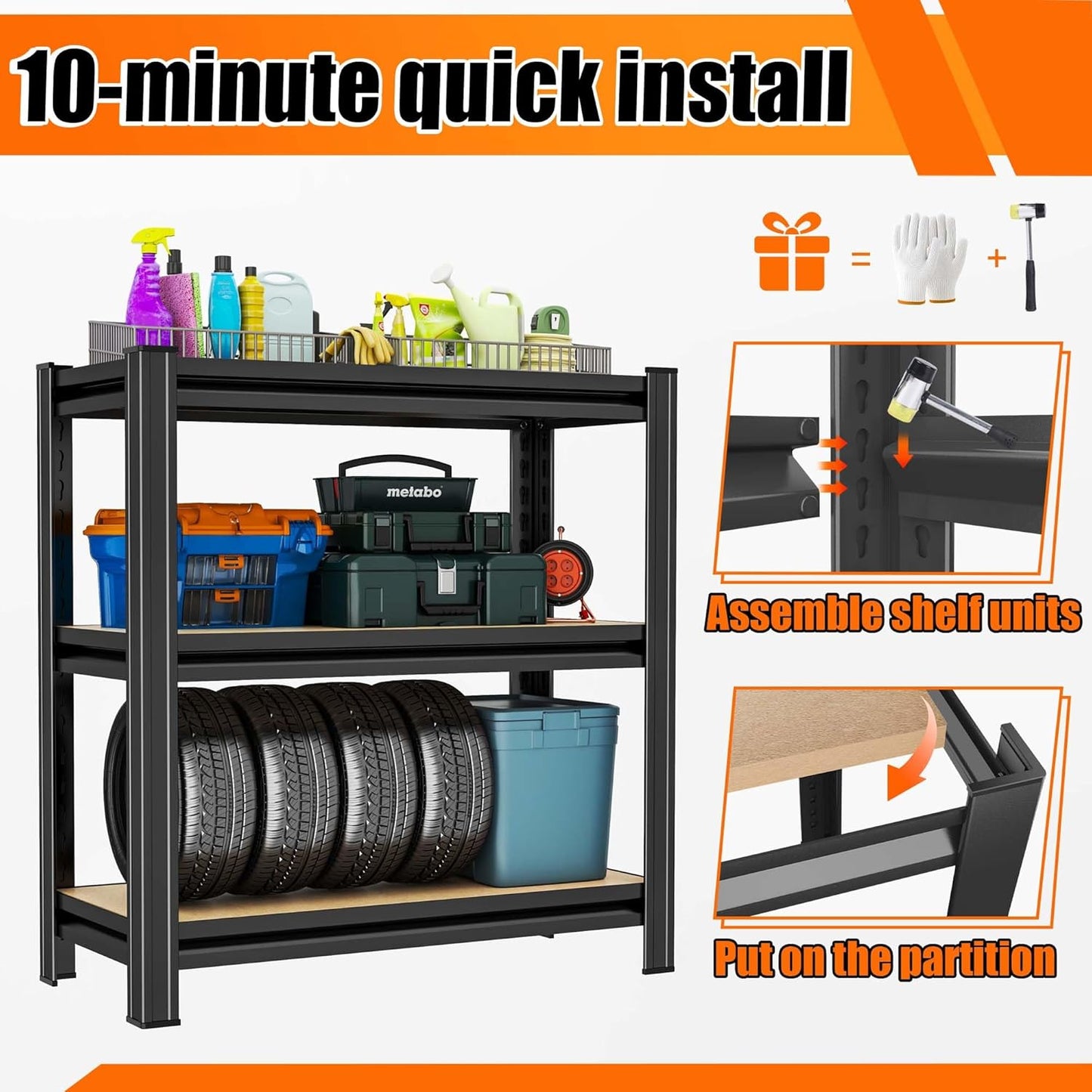 Garage Shelving, 3-Tier Adjustable Storage Shelves, Metal & Wood Pantry Shelf Organizer, Modern Garage Shelving Unit, Utility Storage, 29" W x 30" H x 12" D