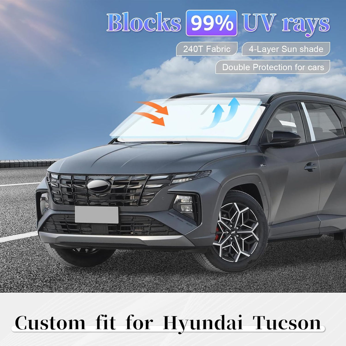 Sun Shade Sunshade for Hyundai Tucson 2022-2024 2025 2026 Windshield Cover,4-Layer Front Window Shade Custom fit Tucson Sun Visor 240T Retractable Shade Blocks UV Rays Cooler Car Accessories