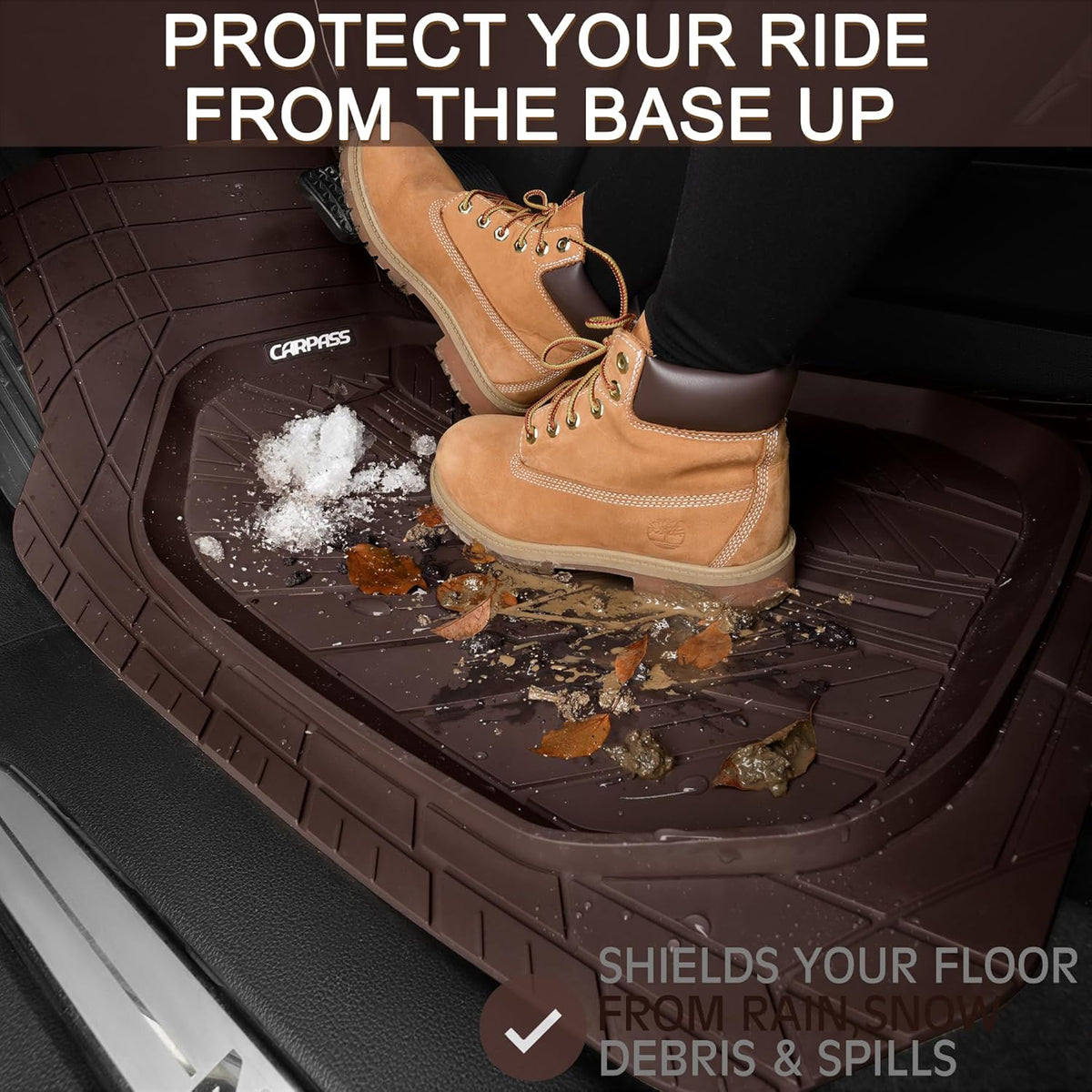 CAR PASS DeepDish Floor Mats for Cars Full Set,Heavy Duty Rubber Car Mats 3-Piece,Universal Waterproof Trim-to Fit Automotive Floor Mats for Truck Van SUV, Durable All-Weather Car Mats(Solid Browm)