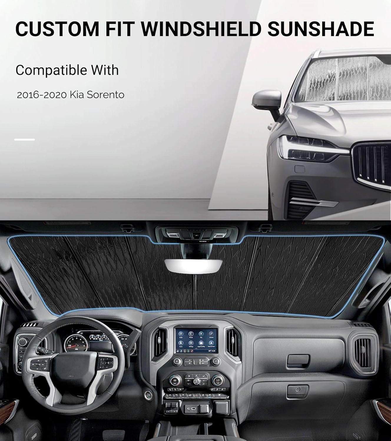 Windshield Sun Shade for Kia Sorento 2016-2020,Front Window Sunshade Shield, 2-in-1 Reflective Sun Shade,Silver for Summer, Black for Winter