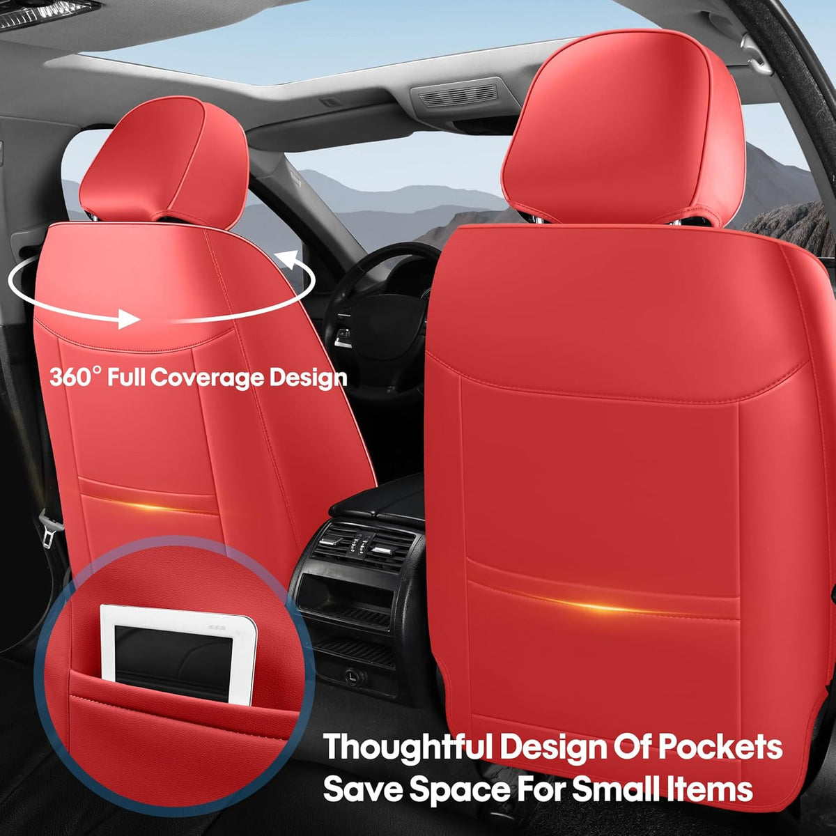 AOOG Front Seat Covers, Car Seat Covers Front Seats, Leather Seat Covers for Cars, Waterproof Seat Covers with Lumbar Support Universal Fit for Most Cars SUV Trucks(Front Pair, Red)