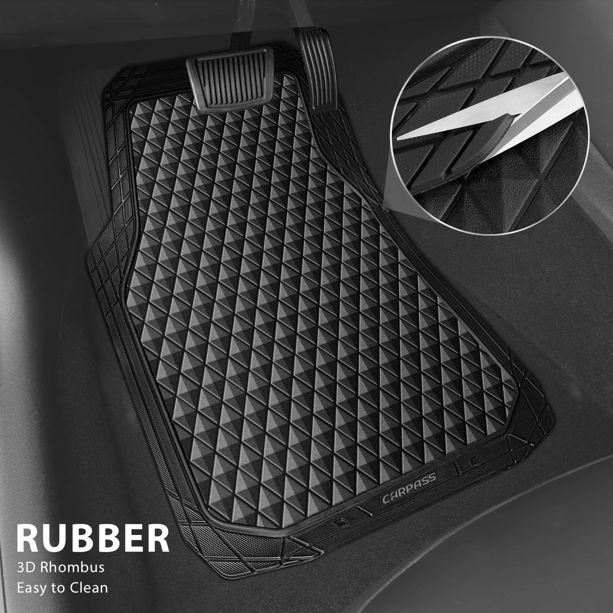 CAR PASS Black Rubber Car Mats, All-Weather Floor Mats Full Set Durable Anti-Slip 3D Rhombus Waterproof Automotive Pad Trim to Fit Liner Universal Fit for Sedan SUV Truck Van, 4 Pcs All Black Rubber