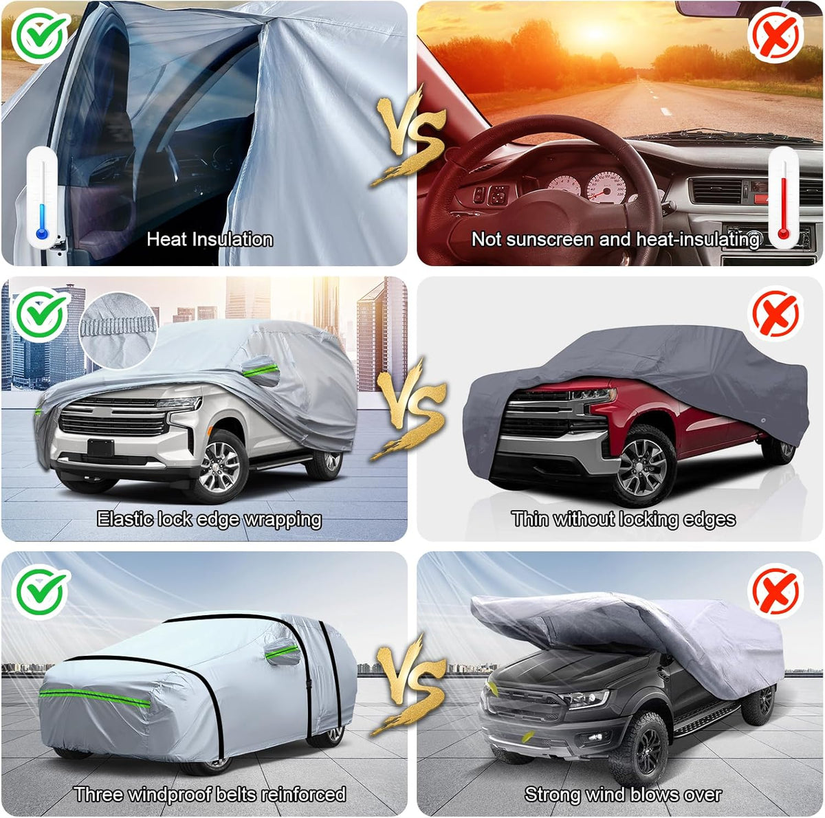 TUCAREST 6-Layers Heavy Outdoor Pickup Full Car Cover Hard Shell Zipper Design Waterproof All Weather Weatherproof UV Sun Protection Snow Dust Storm Resistant with Straps (Fit for UP to 213"-237")