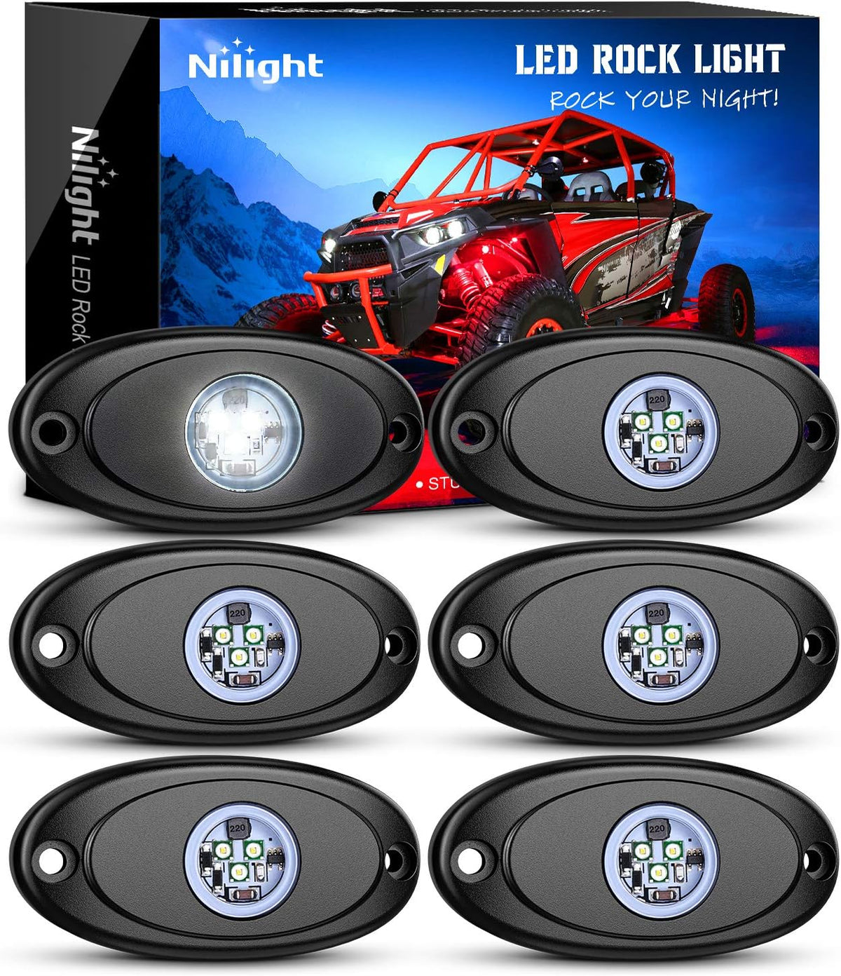 Nilight LED Rock Light 6PCS White Light Pods Waterproof Under Body Wheel Well Light Exterior Interior Lights for Car Truck Pickups ATV UTV SUV Motorcycle Boat, 2 Years Warranty