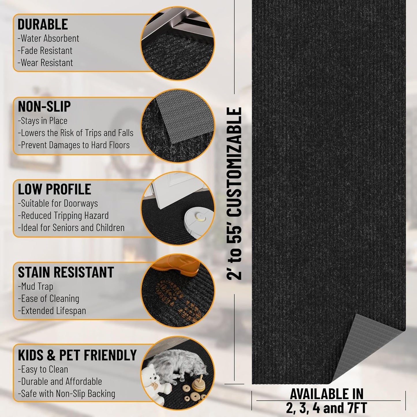 Ottomanson 2'7" x 11' Hallway Runner with Scraper Pile - Extra Durable Non-Slip Rug Mat for Indoor & Outdoor Use - Ideal for Kitchen, Entryway & Garage - High-Traffic Carpet, Black