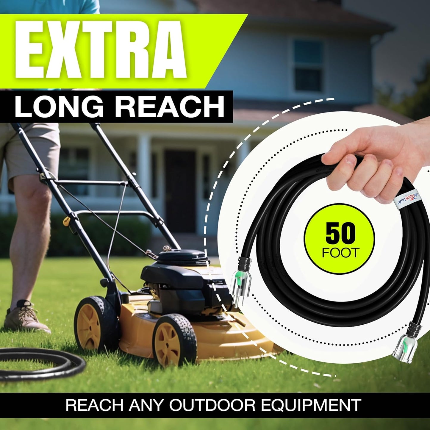 50ft Outdoor/Indoor Extension Cord 10/3 Gauge Ultra Heavy Duty 3 Prong SJTW, Waterproof, Flexible Cold-Resistant Long Power Cord,15A 125V 1875W, Black by LifeSupplyUSA