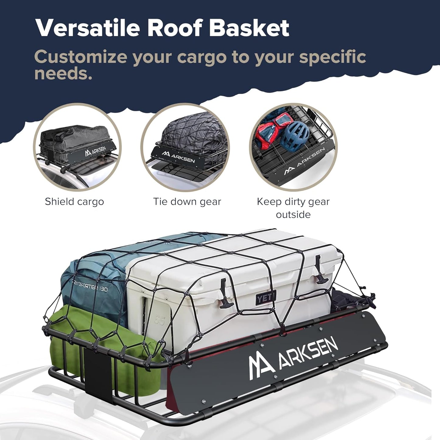 ARKSEN 30 x 50 x 6 Inch Universal Extra Wide 150LB Heavy Duty Roof Rack Cargo with Cargo Net, Car Top Luggage Holder Carrier Basket for SUV, Truck, & Car Steel Construction