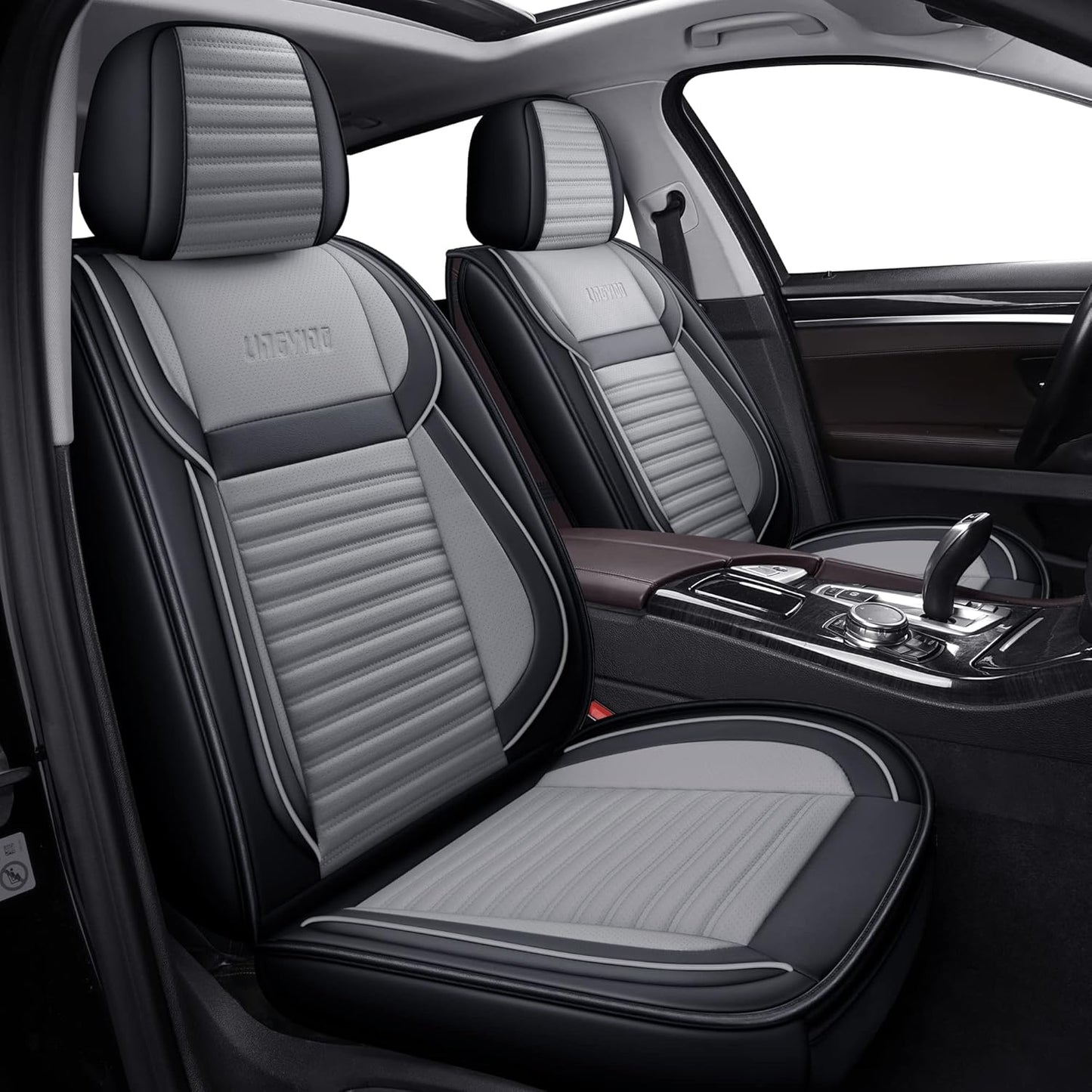 LINGVIDO Car Seat Covers, Breathable and Waterproof Faux Leather Automotive Seat Covers for Cars SUV Truck Sedan,Universal Anti-Slip Driver Seat Cover with Backrest (Full Seat, Gray+Black)