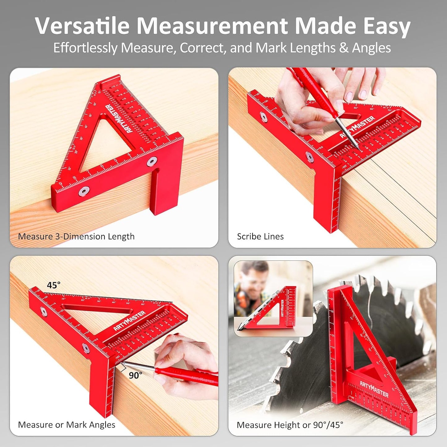 Mini 3D Multi-Angle Measuring Square Ruler, WT102C High Precision Hole Scribing Woodworking Tools, 0-90° Aluminum Alloy Carpenter Square Metric Wood Working Tools