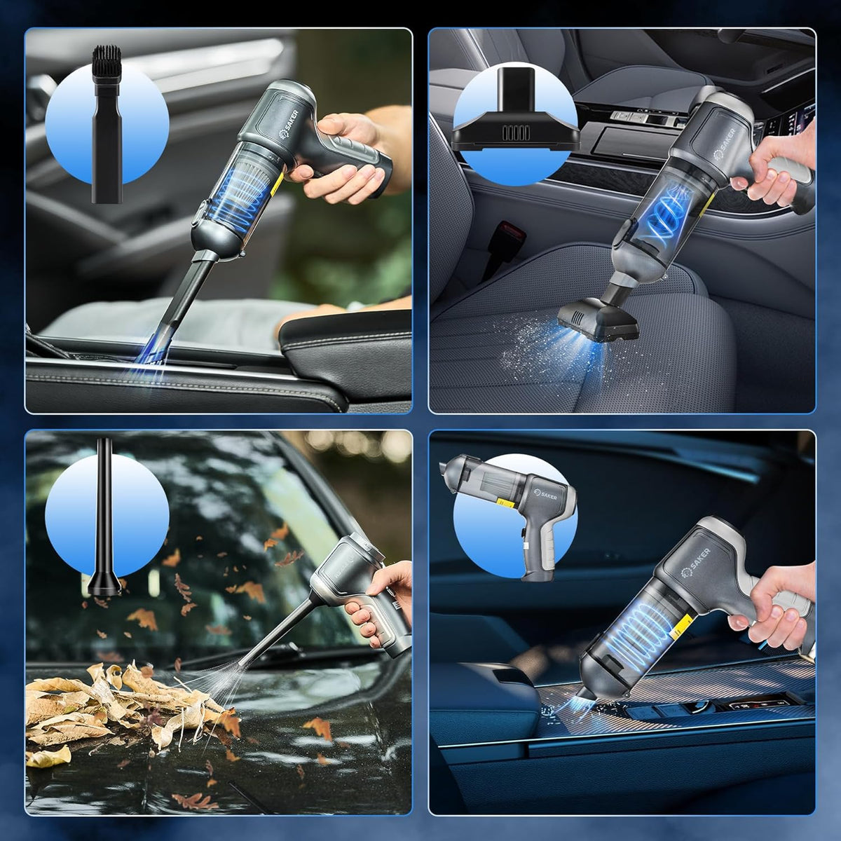 Saker Car Vacuum Cleaner Portable Cordless 14000PA,3 in 1 Handheld Car Vacuum with Brushless Motor One-Click Dust Removal for Cars,Office and Home Cleaning Dark Gray Silver