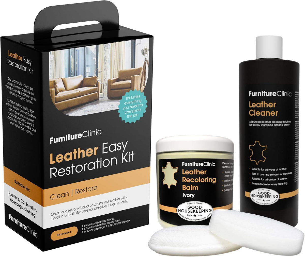 Furniture Clinic Leather Easy Restoration Kit | with Leather Recoloring Balm, Cleaner, Sponge, and Cloth | Leather Repair Kit for Scratched and Faded Furniture (Ivory)
