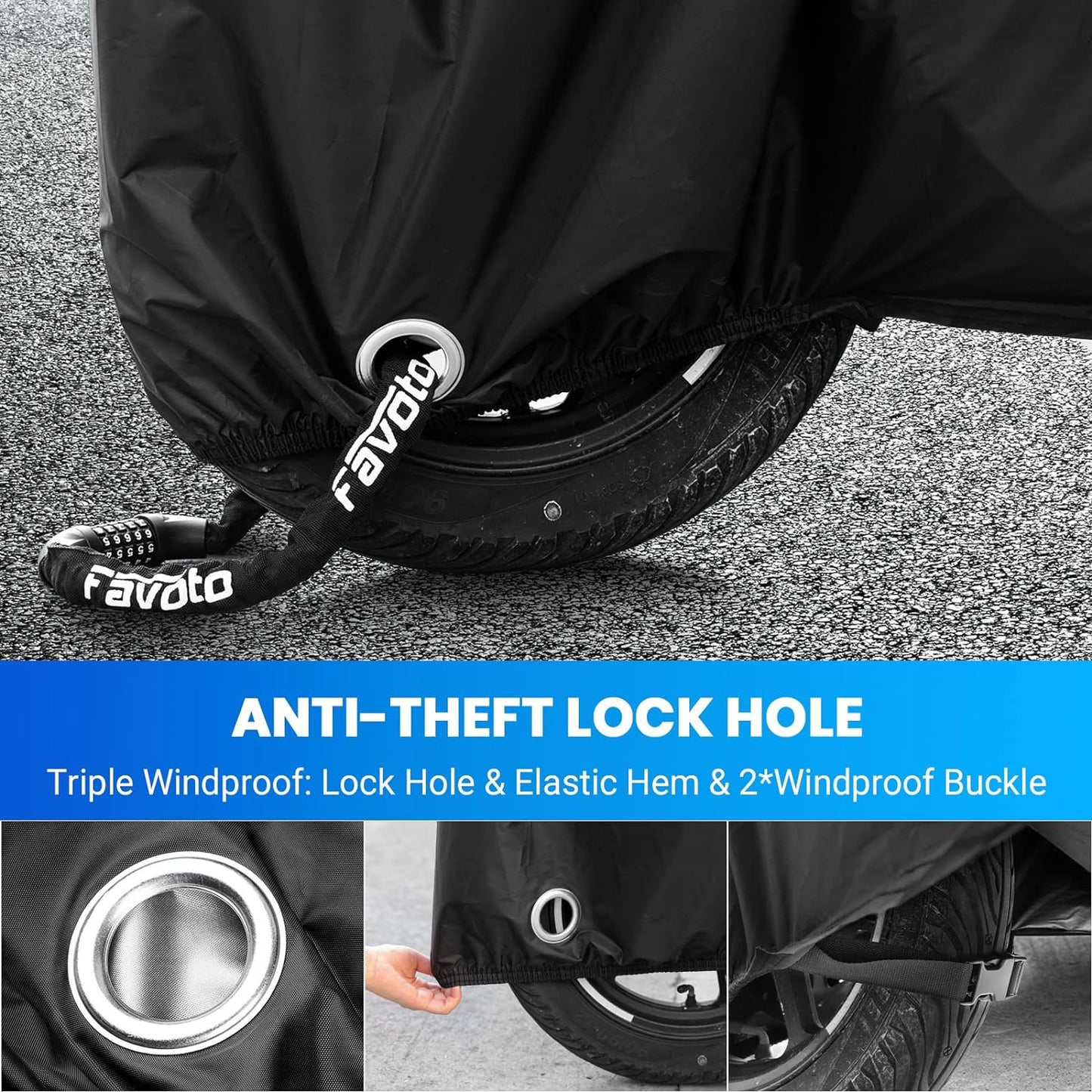 Favoto Motorcycle Cover Waterproof All Season Sun Outdoor Protection Windproof Night Reflective with Lock-Holes Storage Bag Universal Fits up to 116" Motorcycles Vehicle Motorbike Cover