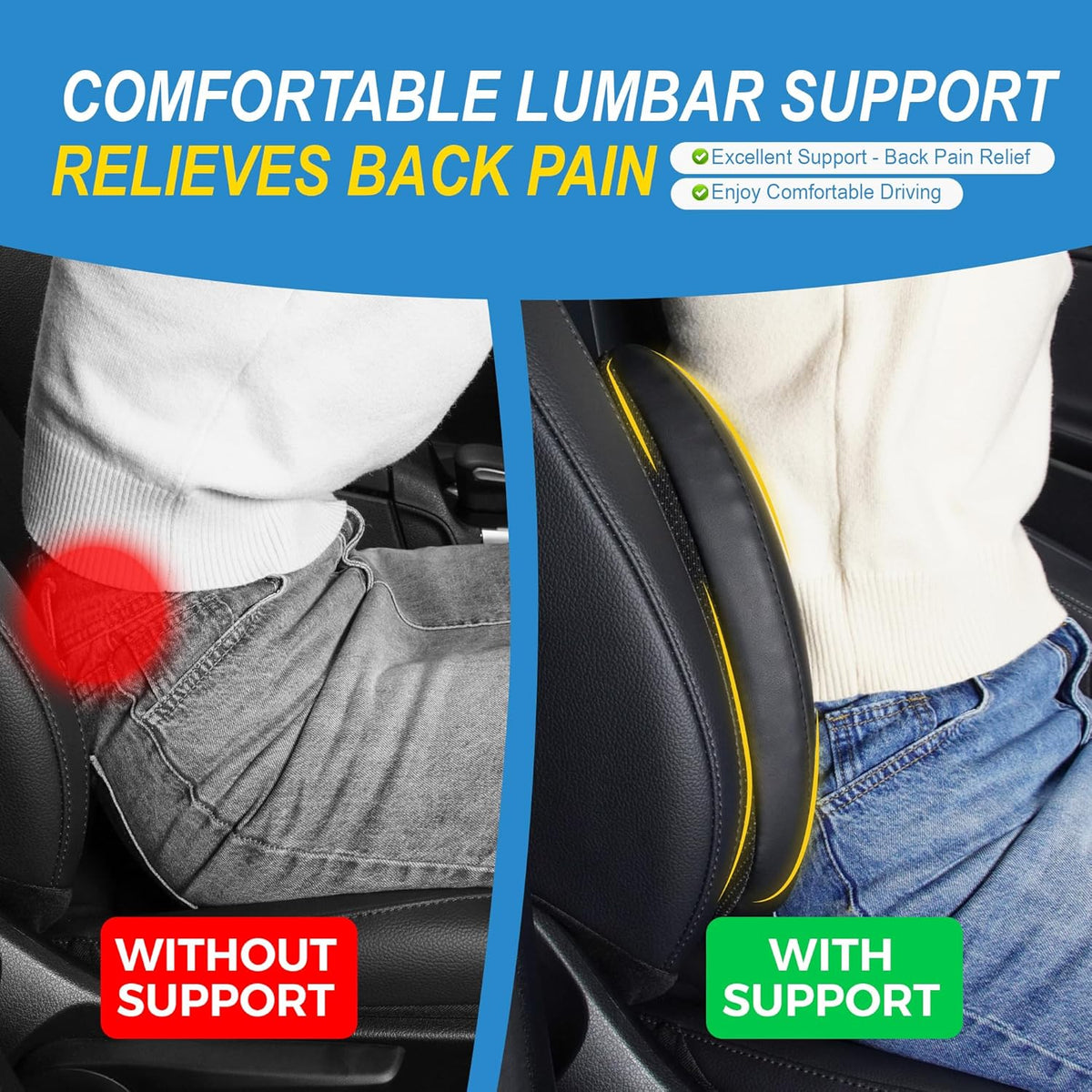 Memory Foam Lumbar Cushion Provides Lower Back Pain Relief and Comfortable Support for Driving, Chair Support for Car-Office Chair, Wheelchair - Sleek Black