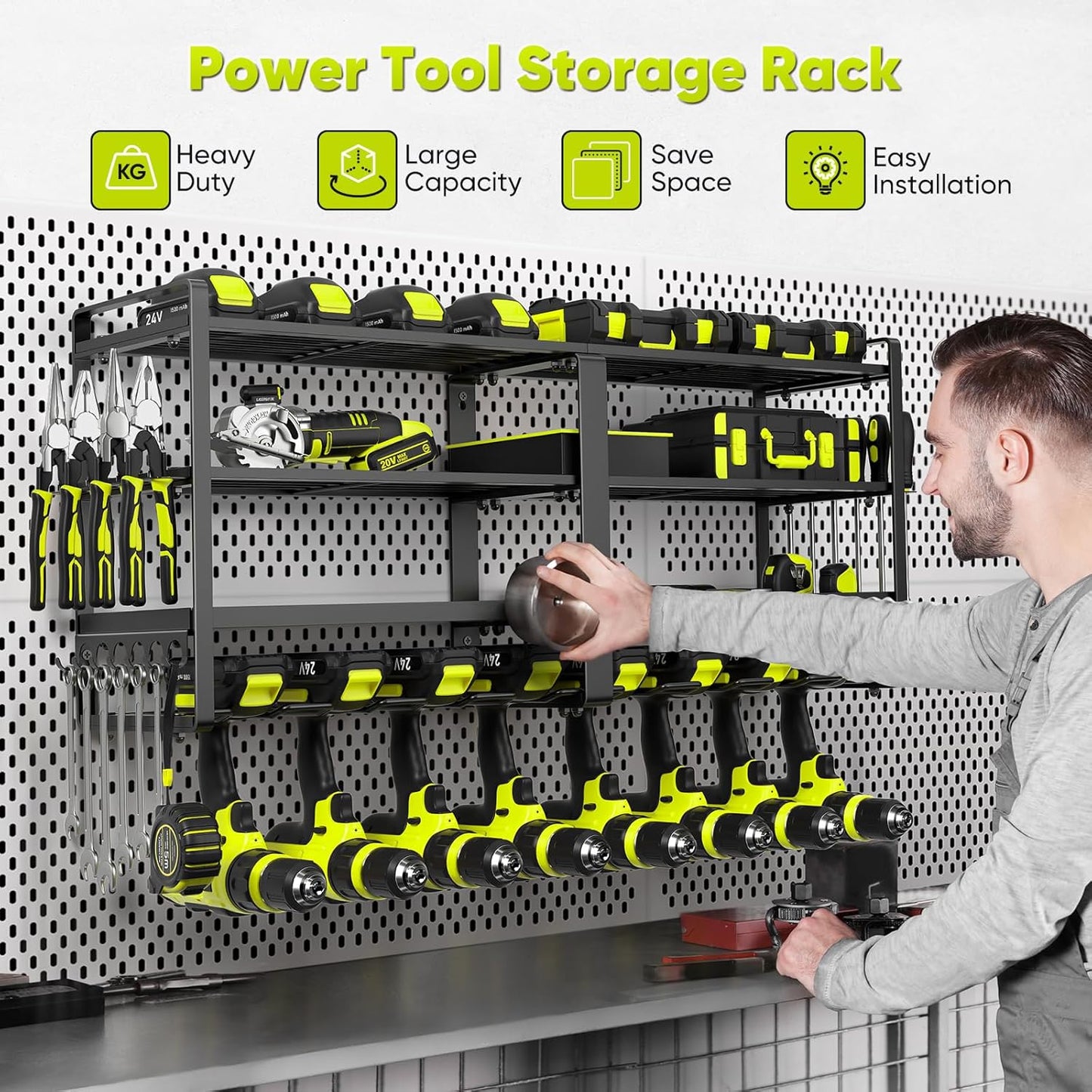 33" W Large Power Tool Organizer Wall Mount Loads 400 lbs, Heavy Duty 8 Drills Holder, 4-Tier Cordless Tool Battery Storage Shelf, Utility Racks for Garage Workshop Shed, Gifts for Men Husband