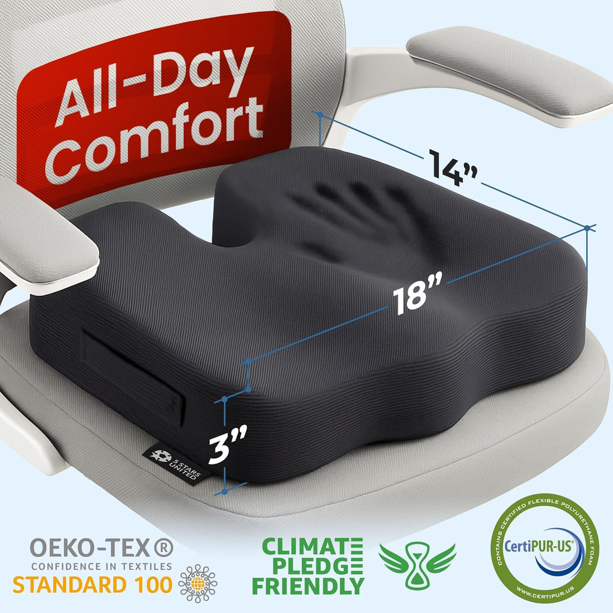5 STARS UNITED Seat Cushion for Tailbone Pain Relief – Memory Foam Lifting Pillow for Coccyx, Hip, Hemorrhoid, Sciatica & Post-Surgery Recovery – Wheelchair, Car, Desk, Gaming & Office Chairs, Black