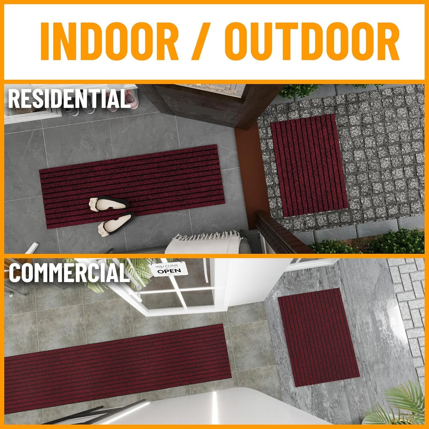 Ottomanson 2'7" x 12' Hallway Runner with Scraper Pile Extra Durable Non-Slip Rug Mat for Indoor & Outdoor Use - Ideal for Kitchen, Entryway, Patio & Garage - High-Traffic Carpet, Red