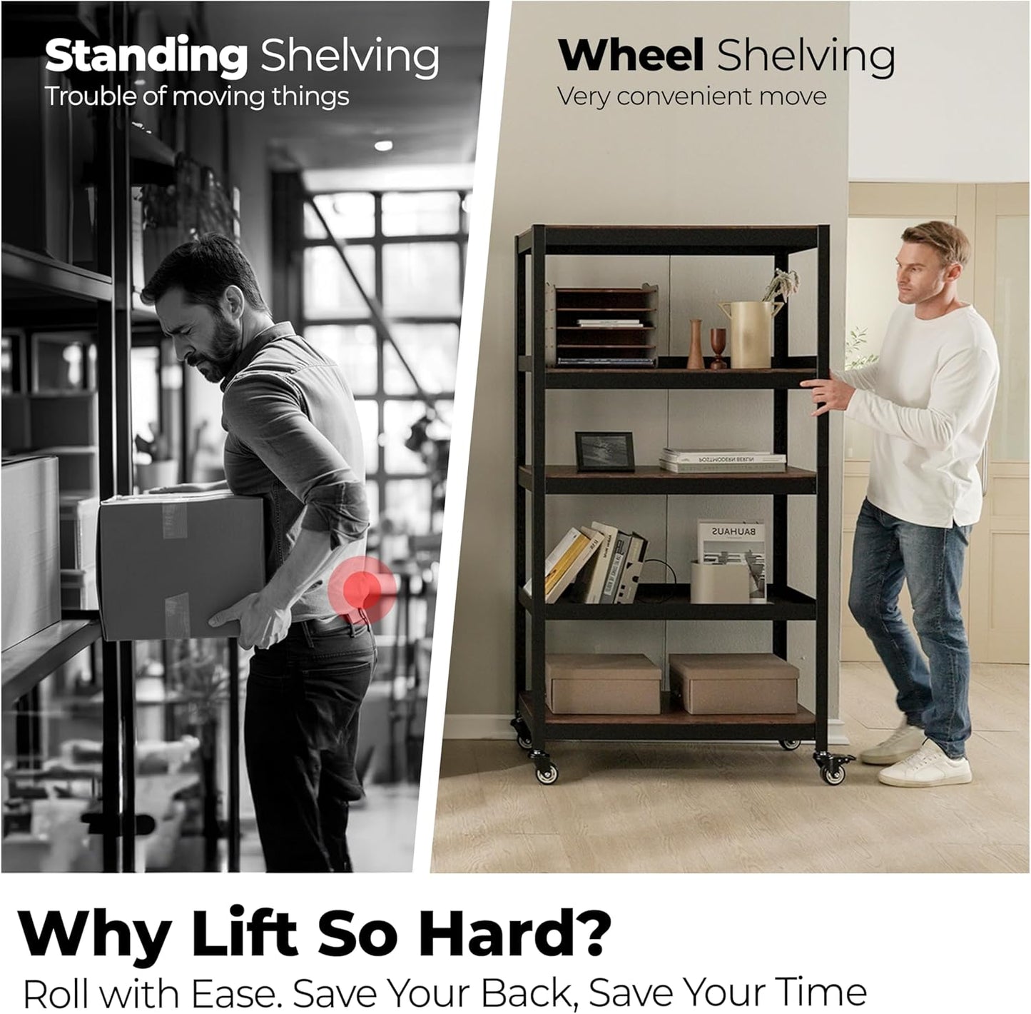 HOMEDANT House 5-Tier Metal Rolling Cart Shelf Rack Casters Heavy Duty Laminated Wheel Shelving Unit Adjustable Utility Storage Shelves Organizer Shelf Kitchen Garage 36.2" W x 16.5" D x 69.5" H 1Pack