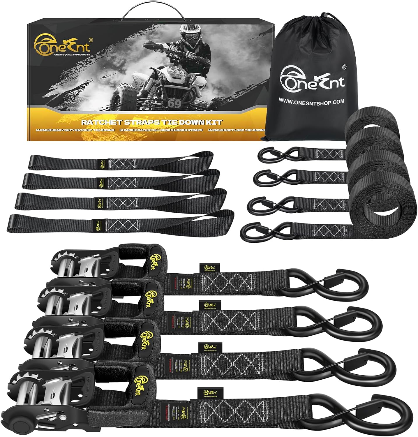 4Pcs Ratchet Strap Tie Down Kit | 1.6”x 10FT Heavy Duty Ratchet Straps with Padded Handles+Coated S Hooks+Soft Loop Tie-Downs -6000 Pound Break Strength