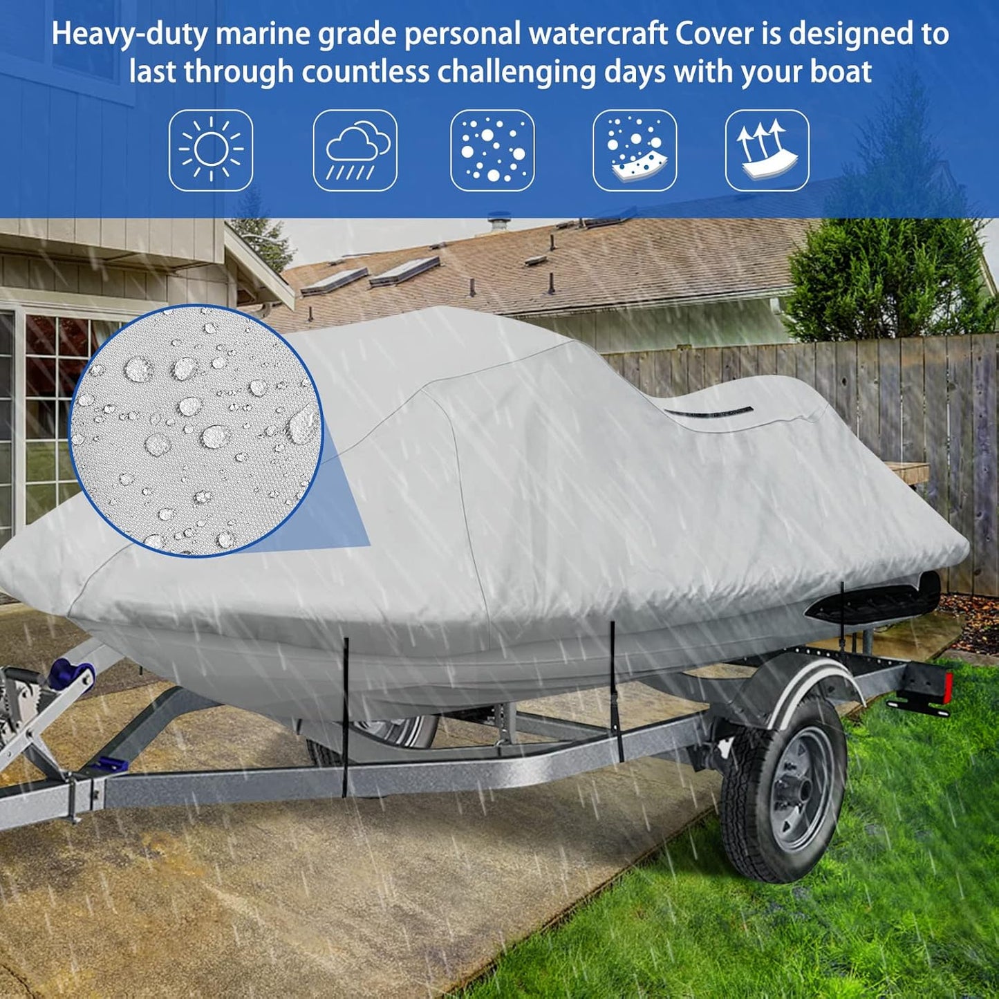 iCOVER Jet Ski Cover - Personal Watercraft Covers, Waterproof Heavy Duty Trailerable Jet Ski Protection for Seadoo Kawasaki Yamaha Wave Runner, Fits PWC Models Up to 113in Long