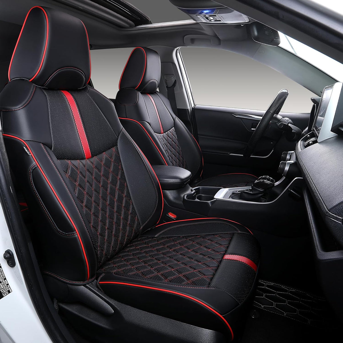 Custom Fit RAV4 Seat Covers for 2019-2025 Toyota RAV4 LE,XLE,XLE Premium,Limited Full Coverage Waterproof Leather Car Seat Covers Full Set (Black with Red Trim)