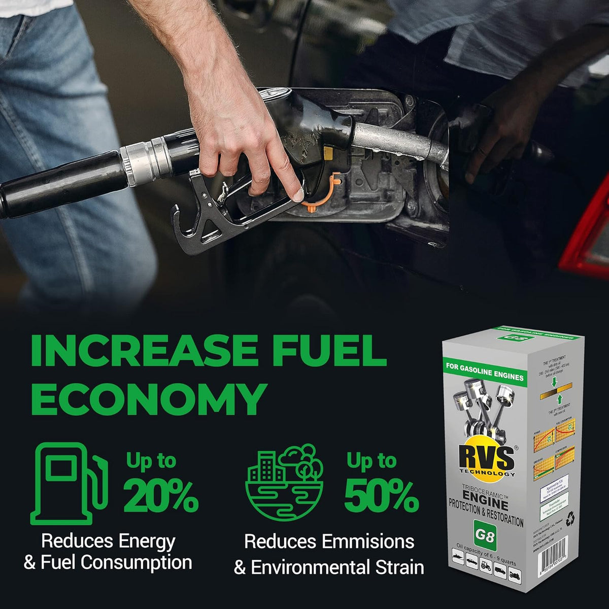 G8 Engine oil Treatment. for Gasoline Engines with an Motor Oil Capacity up to 9 quarts. Boost Power and Safely Restore and protect your Car, Truck, Motorcycle and all other engines