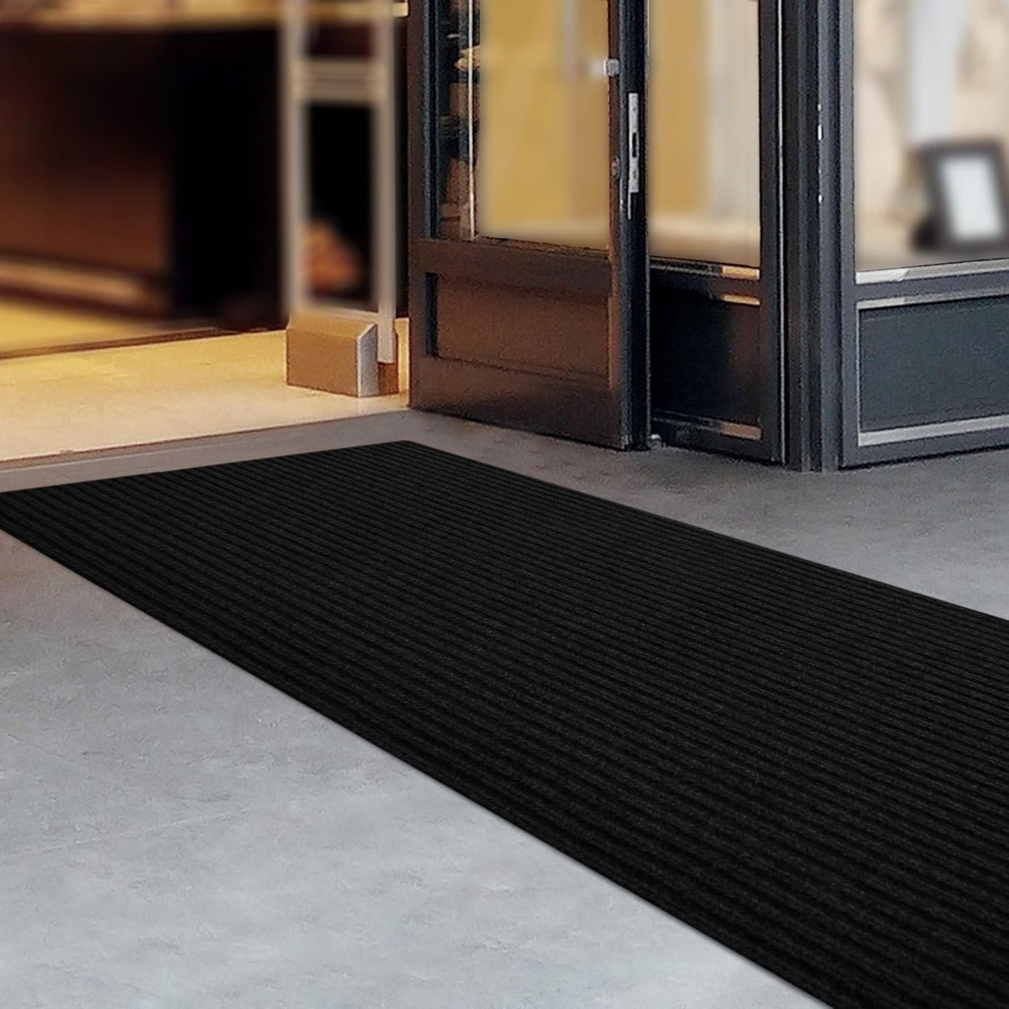 iCustomRug Spartan Weather Warrior Indoor/Outdoor Utility Ribbed Carpet Runner with Non-Slip Thermoplastic Rubber Backing, 3ft X 44ft in Black