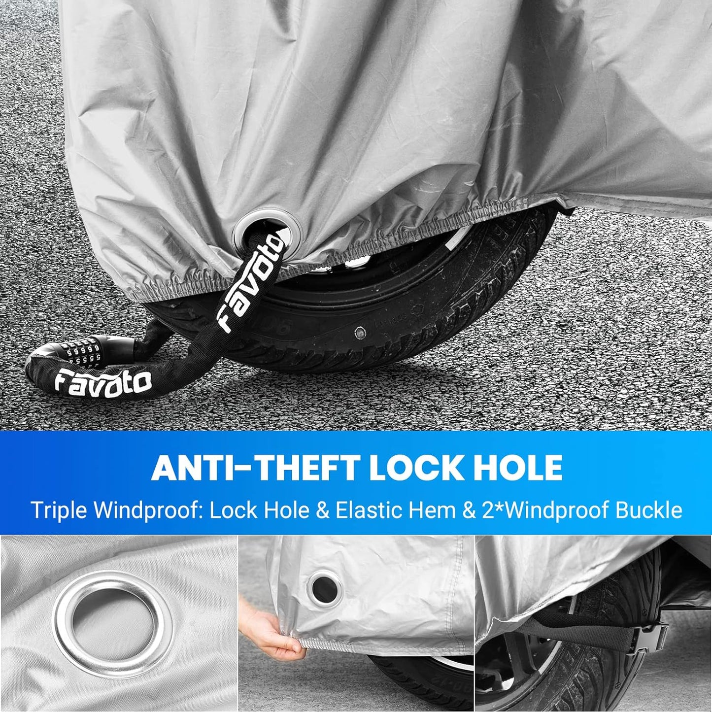 Favoto Motorcycle Cover Universal Heavy Duty Oxford Fabric with Lock-Hole 3 Night Reflectors Windproof Buckles Carrying Bag Waterproof Rain Dust Sun Outdoor Protection Silver, 96.5 inch