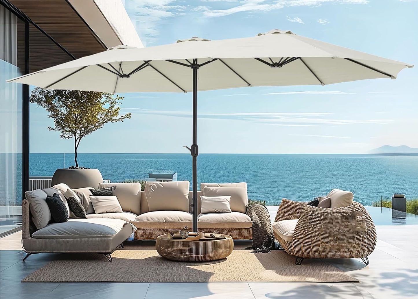 PHI VILLA 15ft Large Patio Umbrellas with Base Included, Outdoor Double-Sided Rectangle Market Umbrella with Stand, Outside Umbrellas for Poolside Lawn Backyard, Ivory