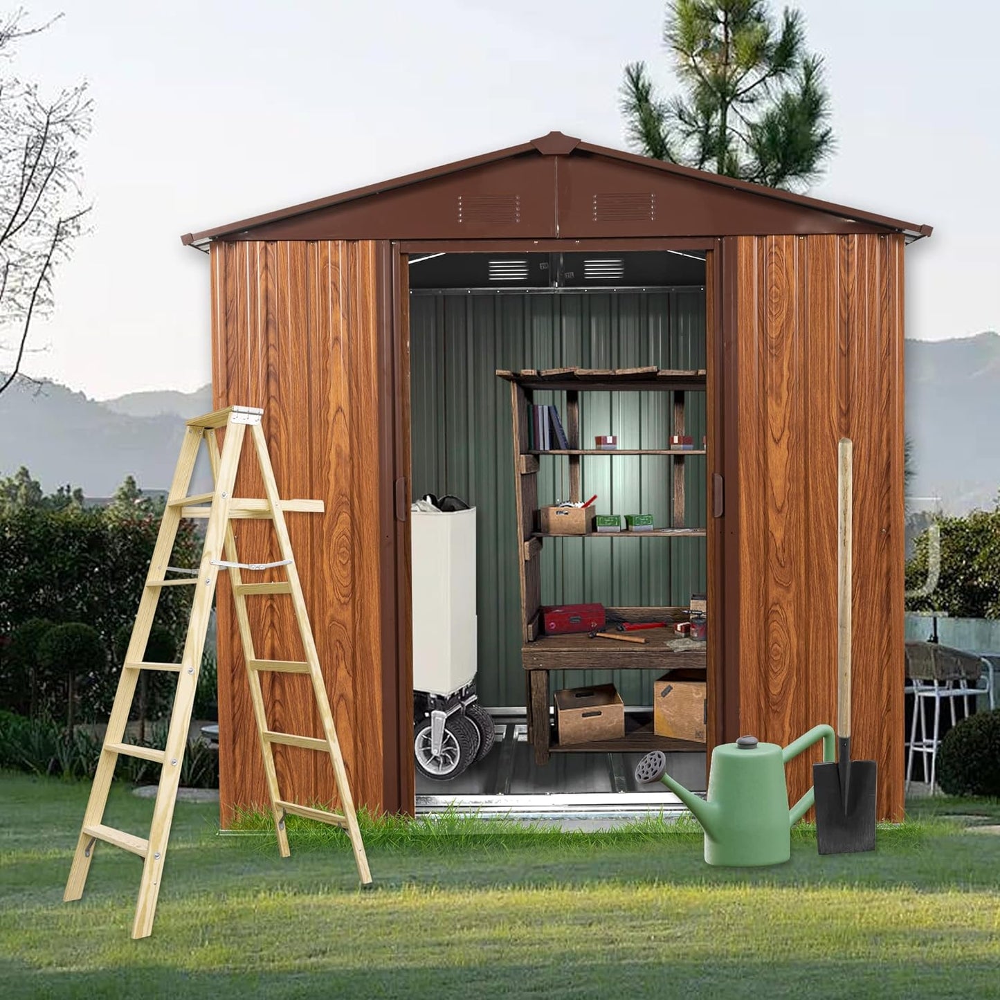 6x6 FT Outdoor Storage Shed, Metal Garden Shed with Frame Floor, Outside Tool Shed with Window, Waterproof Storage Building with Lockable Sliding Doors & Sloped Roof for Backyard, Patio, Coffee