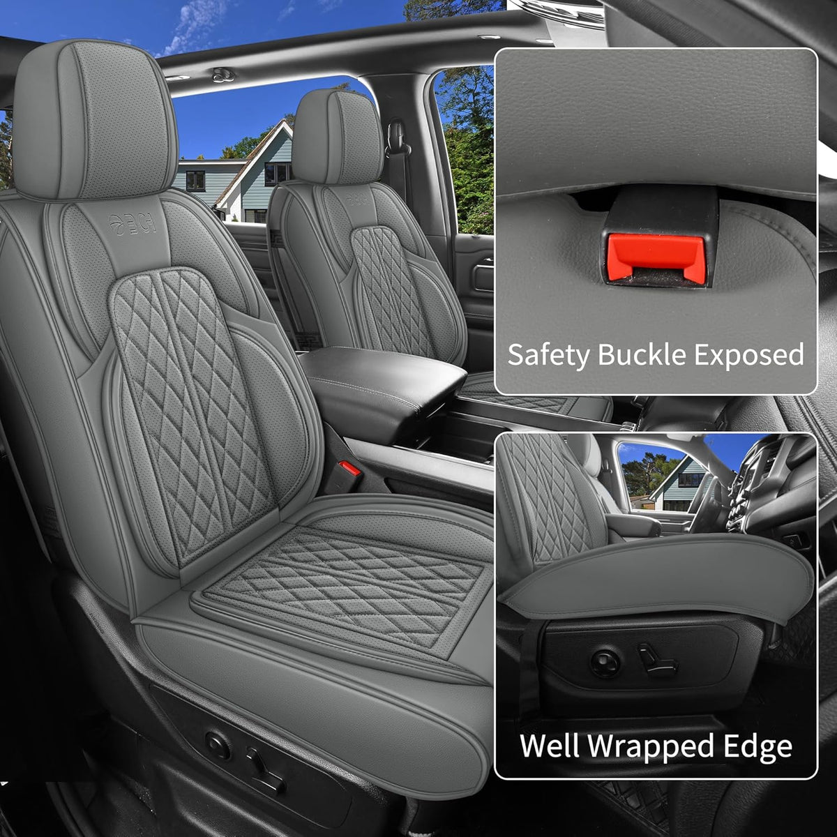 Car Seat Cover Custom Fit for Dodge Ram 1500 2500 3500 2002-2024 Faux Leather Seat Cover Set Compatible with Crew Quad Regular Cab Pickup Truck Cushions (Black Redline, Full Set, Curved Rear)