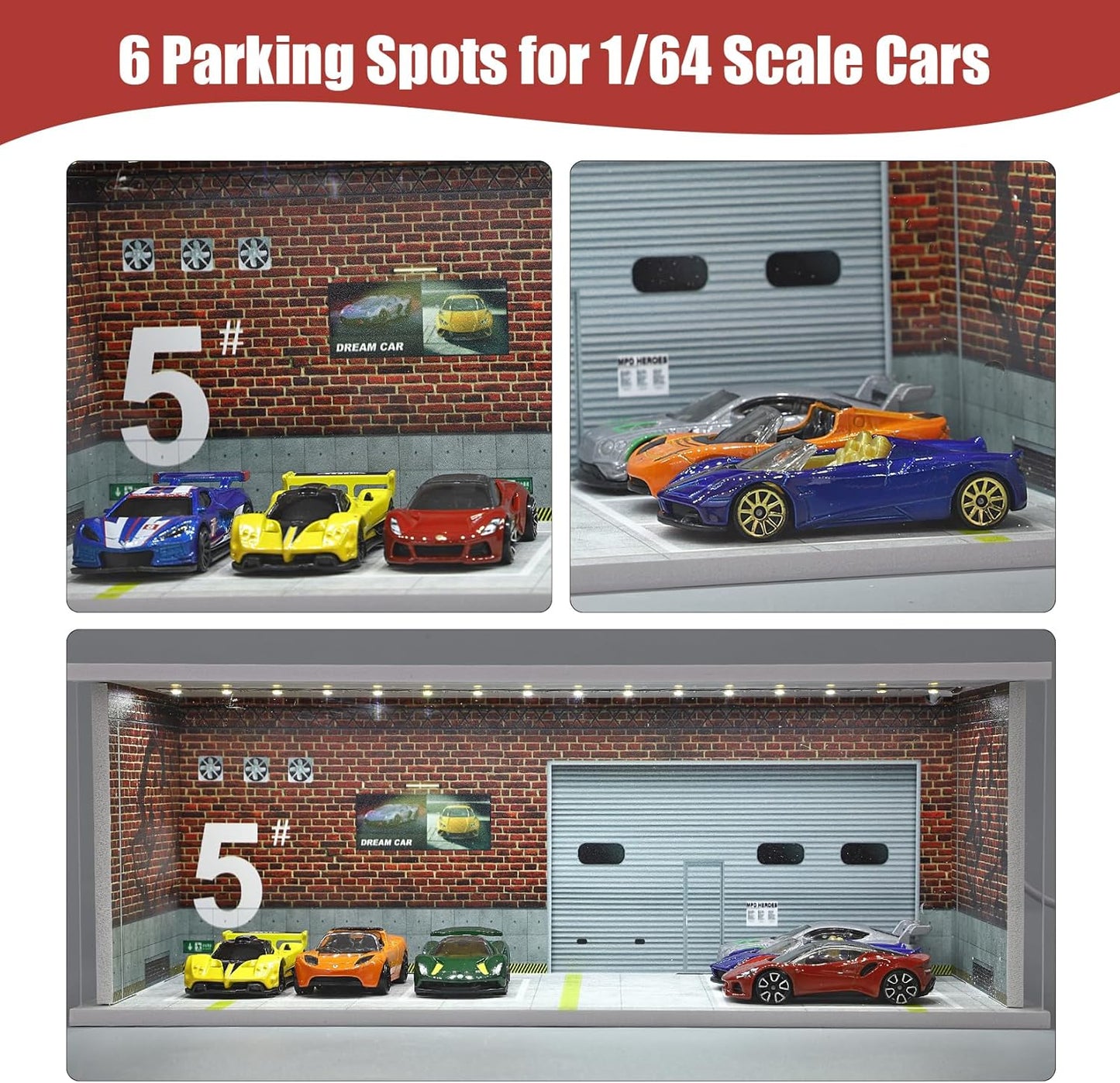 Display Case for Hot Wheels: Stackable Parking Garage for 1/64 Scale Matchbox Toy Car, FoamBoard Storage for Monster Trucks with LED Light and Acrylic Cover, Graffiti Wall