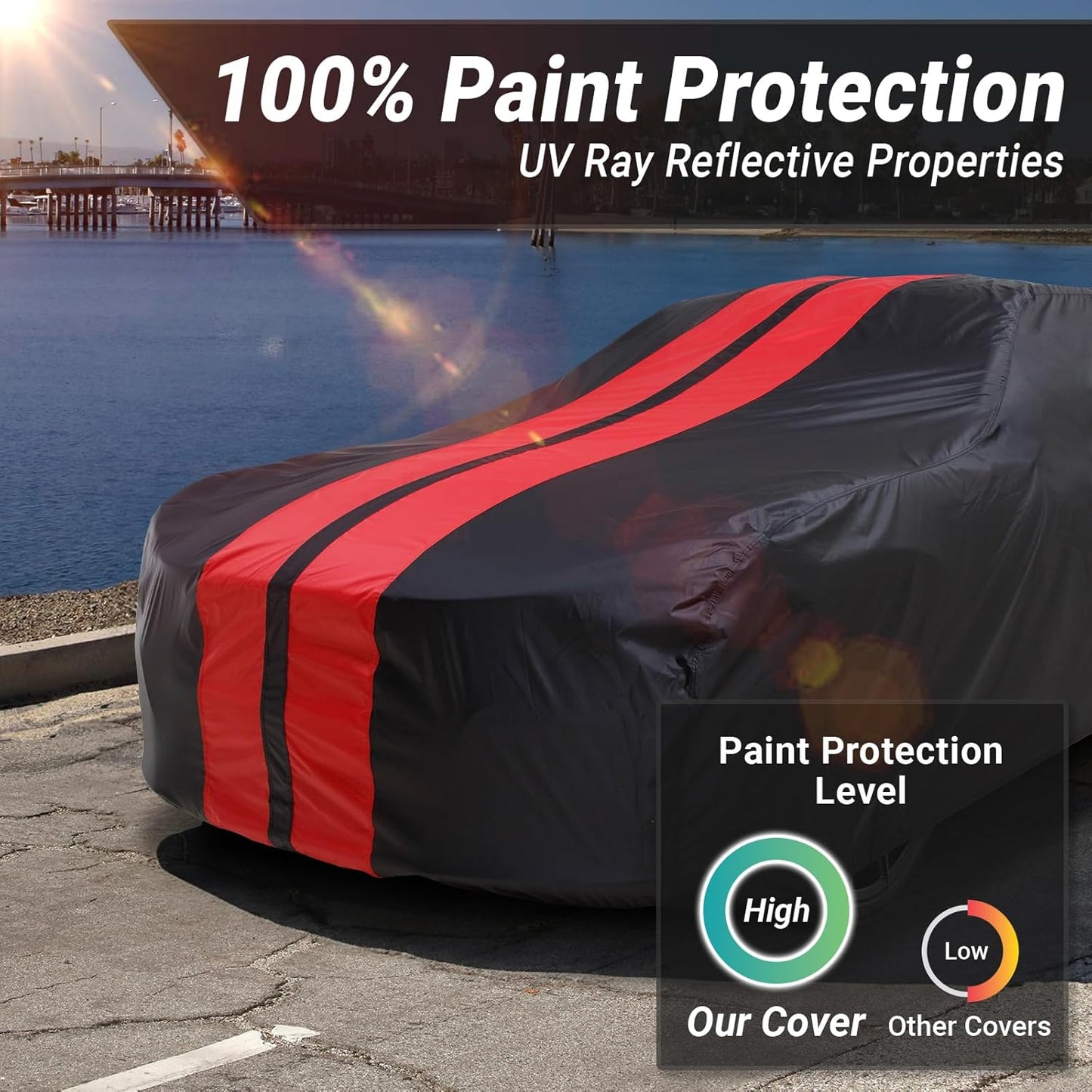 iCarCover Custom Car Cover for Pontiac Star Chief (1953-1957) Waterproof All-Weather Rain Snow UV Sun Protector Full Exterior Indoor Outdoor Car Cover (Stripe - Black/Red)