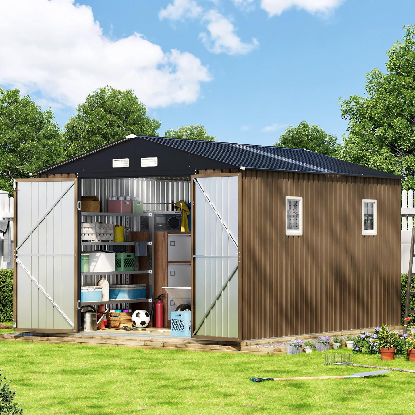 10X12X7.5 FT Outdoor Steel Storage Shed with Lockable Doors, 2 Windows, Transparent Roof Panels, Metal Frame Floor (Wood Panels Not Included), Ideal for Backyard, Patio Storage,Chicken Coop，Brown