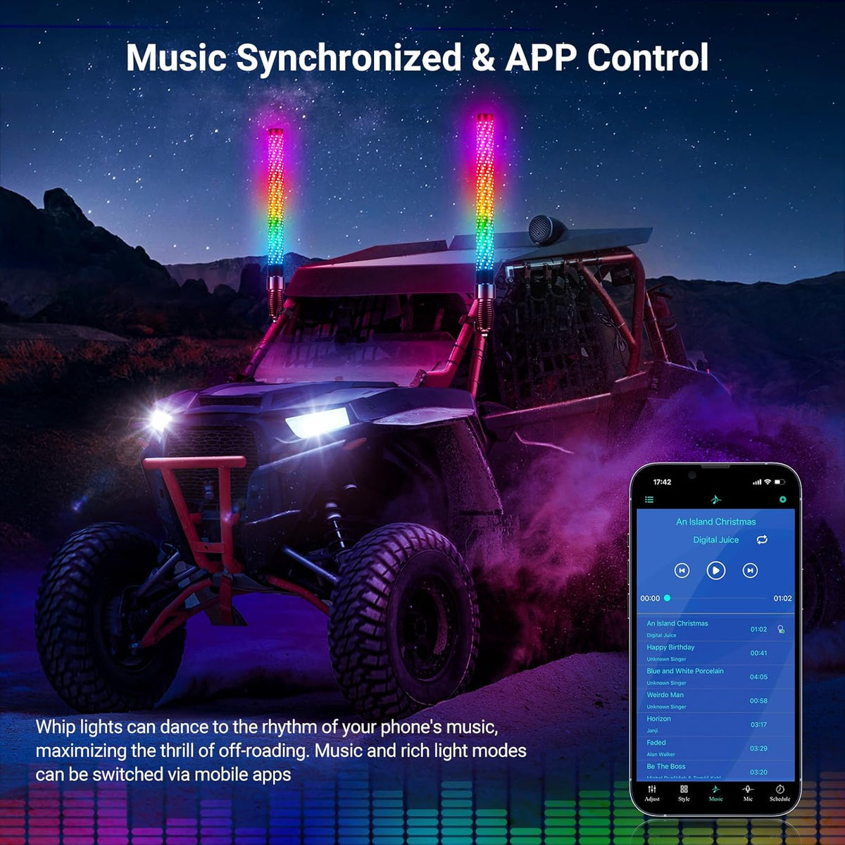 2PCS 3FT Fat Whip Lights for UTV ATV with Spring Base, Led Fatty Whip Light W/Rocker Switch & 6 Flags, Brighter Spiral Chasing Lighted Antenna Whip with APP & Remote Control for RZR SXS Can-Am