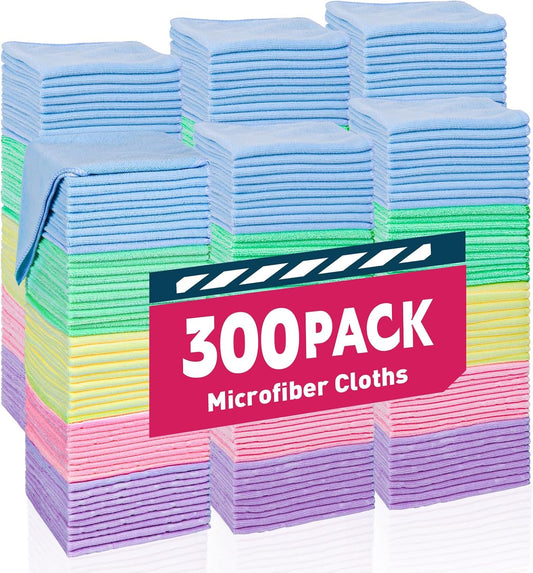 Microfiber Towels Bulk-300 Pack, Cleaning Cloths, Microfiber Towels for Cars, Cleaning Rags 5 Colors Assorted (12x12 inches)