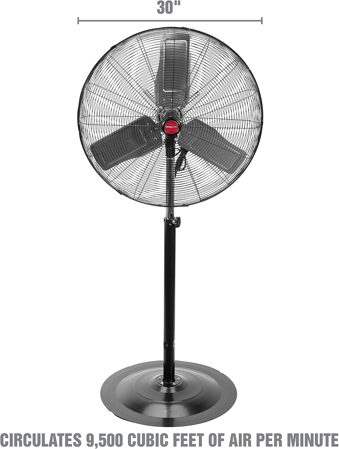 OEMTOOLS OEM24885 30" Oscillating Pedestal Fan, Adjustable Height for Garage, Shop, Gym, Warehouse 9500 CFM Airflow, 3-Speed Enclosed Motor, 3 Aluminum Blades, Dust-Resistant Industrial Purpose