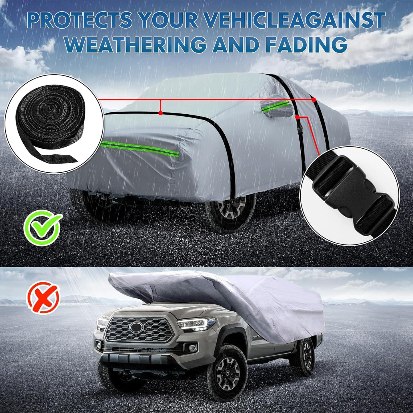 KEYOOG 6-Layer Full Car Cover is All-Weather Waterproof, Universal in All Seasons, Snow Prevention, Rainproof, Acid Rainproof, Sunscreen, Ultraviolet-Proof, Fit SUV 205"-216" Green Reflective Strip