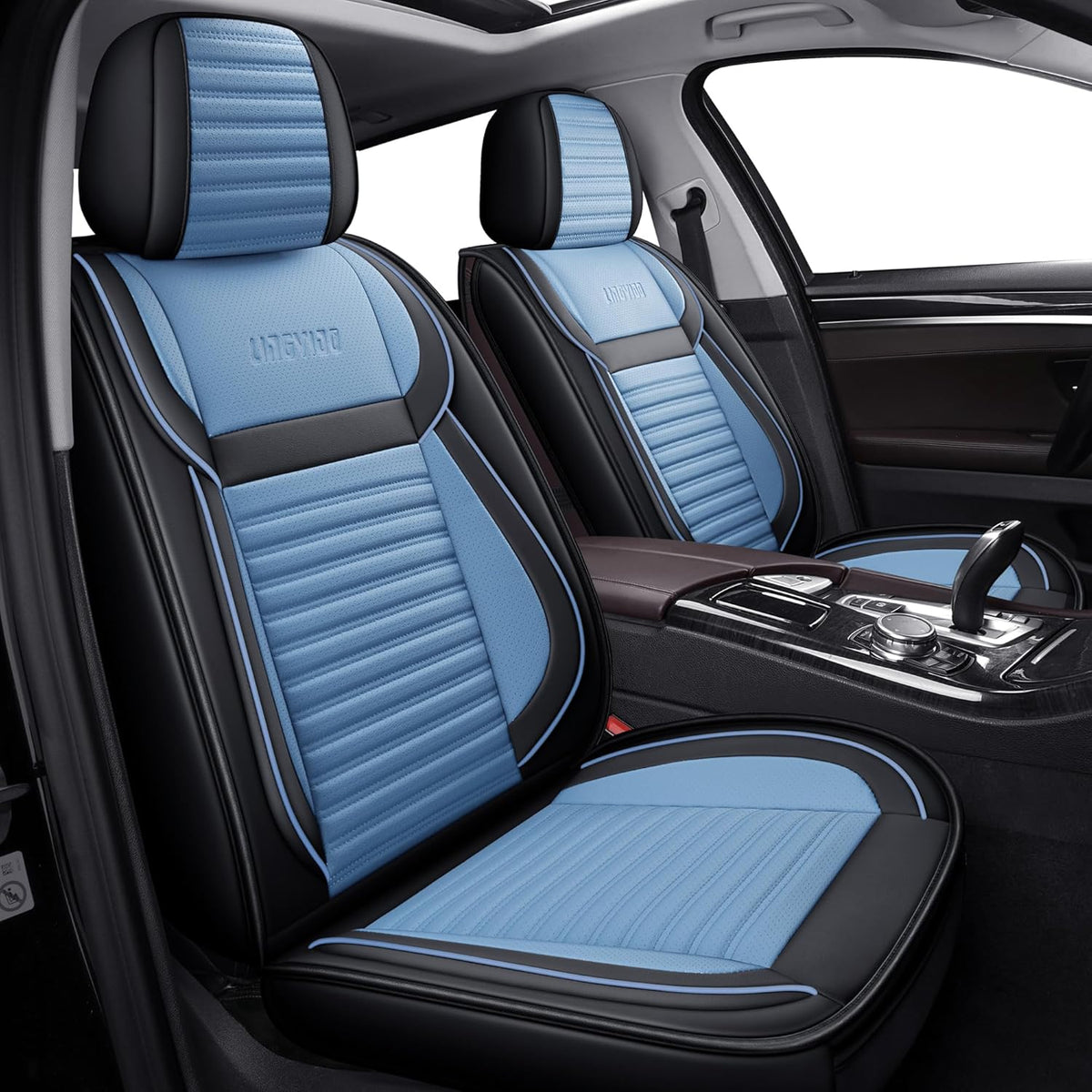 LINGVIDO Car Seat Covers, Breathable and Waterproof Faux Leather Automotive Seat Covers for Cars SUV Truck Sedan,Universal Anti-Slip Seat Cover with Backrest (Full Set, Light Blue & Black)